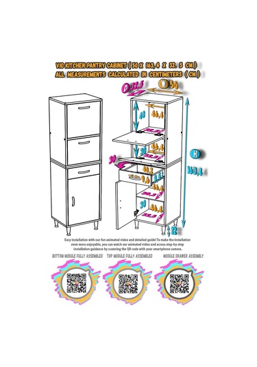 Modilayn Vio 50x163,4x32,5 Cm Yeni Çekmeceli, Kapaklı, Ekmeklikli, Çok Amaçlı Mutfak Dolabı. Beyaz