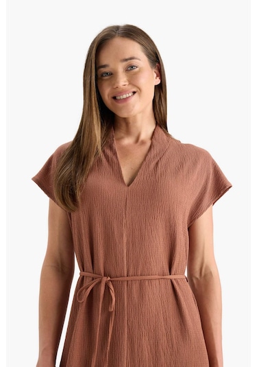 Defacto Regular Fit V Yaka Bağlamalı Midi Elbise F4673ax25hsbn101 Kahve