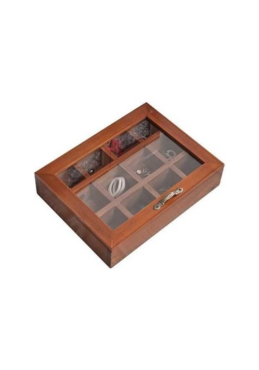 Pazly Ahşap Takı Organizatörü - 12 Bölme, Şeffaf Kapaklı, Kahverengi, Kolye, Küpe, Yüzük Saklama Kutusu Kahverengi