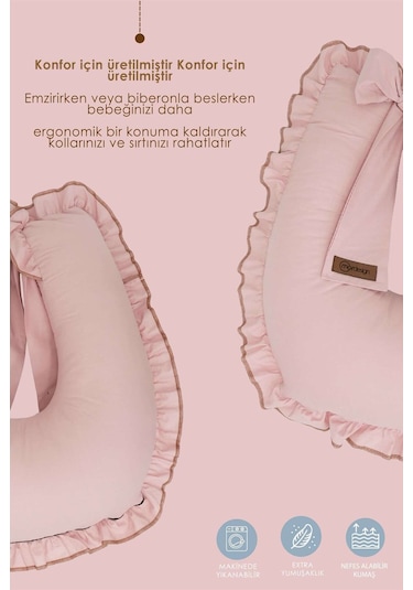 Mordesign Fırfırlı Emzirme Yastığı, Bebek Destek Minderi, Hamile Yastığı, Pamuk Kumaş, Ruffle Seri, Pudra Zg10201