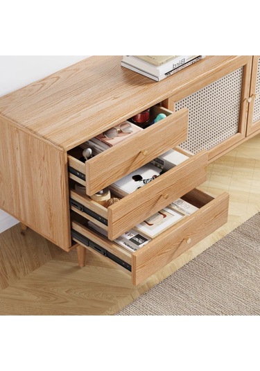 Ahşap Rattan Kapak Detaylı Modern Tv Ünitesi Natürel