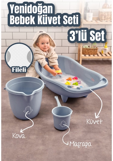 Vienev 3Lü Set Fileli Yenidoğan Küvet Seti Mavi