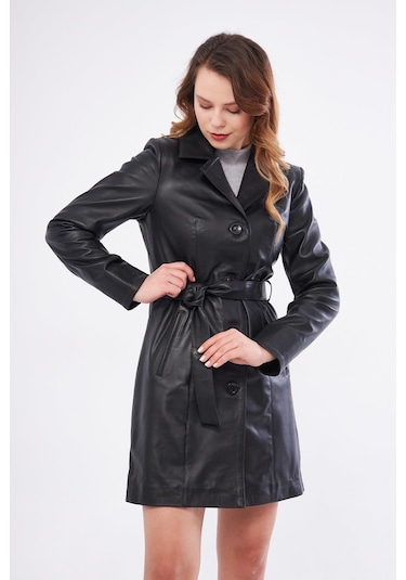 Derinss Dka2373 Hakiki Deri Kadın Siyah Pardesü 001