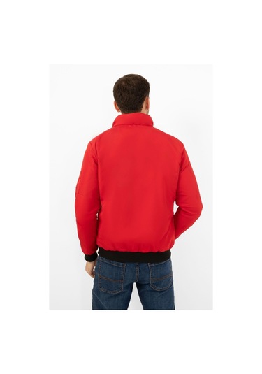 Erkek Astarlı Dik Yaka Mevsimlik Cepli Su Ve Rüzgar Geçirmez Mont Kırmızı