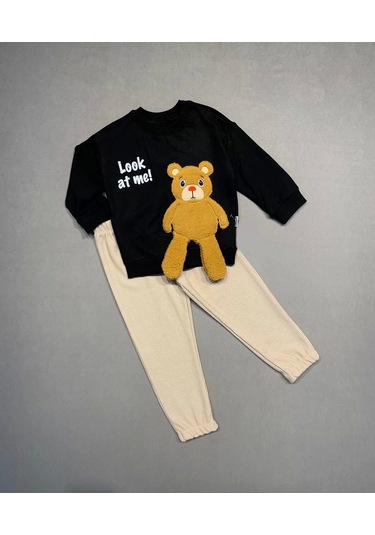 2-3-4 Yaş Ayıcık Sallanan Ayak Desenli Likra Penye Kumaş Sweat Pantolonlu Kız Erkek 2li Çocuk Takımı Siyah