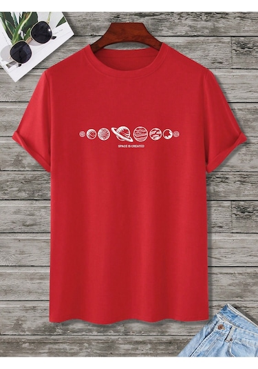 Space Created T-shirt - Kırmızı Baskılı Oversize Bisiklet Yaka Kısa Kol Tişört Kırmızı