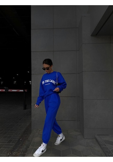 Mood The Label Sport Collection %100 Pamuk Eşofman Takımı - Sax Mavi Kışlık Polarlı Bisiklet Yaka Saks Mavi