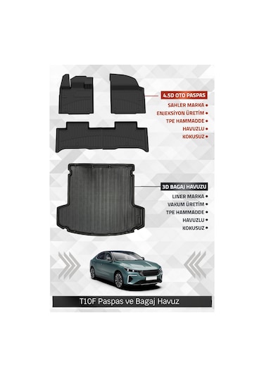 Sahler Togg T10f 2025+ Uyumlu 4.5d Premium Havuzlu Oto Paspas Ve Liner Marka 3d Bagaj Havuzu
