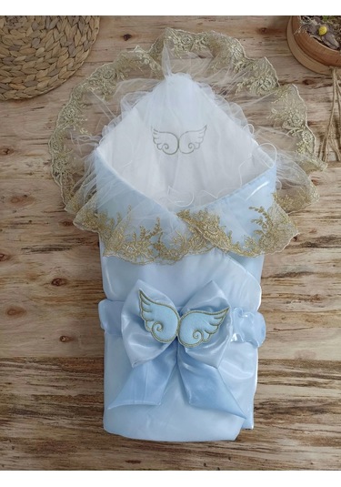 Yenidoğan Shine Kumru Melek Kanat Fiyonklu Gold Dantel Duvaklı Delüks Kundak Bebek Battaniyesi Mavi