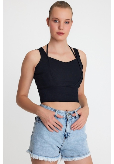 Polo State Kadın Ense Biye Detaylı Crop Siyah