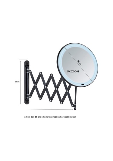 Wenko Mafsallı Ayarlanabilir Led Makyaj Aynası 5x Zoom Siyah Siyah