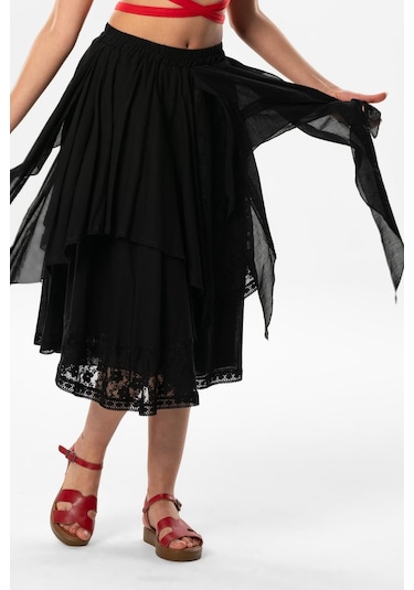 Salkım Vual Dantelli Saçaklı Uzun Yazlık Otantik Etek Siyah Syh-siyah Siyah