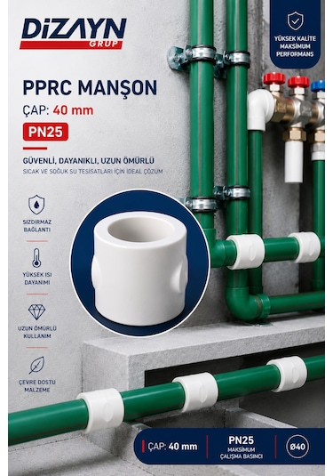 Dizayn Pprc Manşon 40 Mm 15 Adet Pn25 Temiz Su Tesisat Ek Parçası