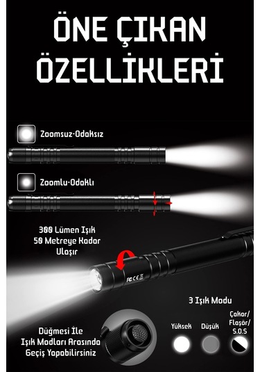 3 Mod Şarjlı Led Kalem Tipi El Feneri Zoomlu Flaşörlü Polis Feneri 5 Watt Beyaz Işık 300 Lümen Siyah