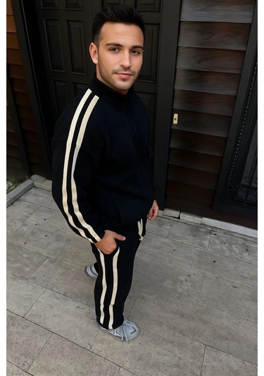 Erkek Çift Şeritli Eşofman Takım Dik Yaka Fermuarlı Sweatshirt Boru Paça Alt, Oversize 3 İplik Pamuk Siyah