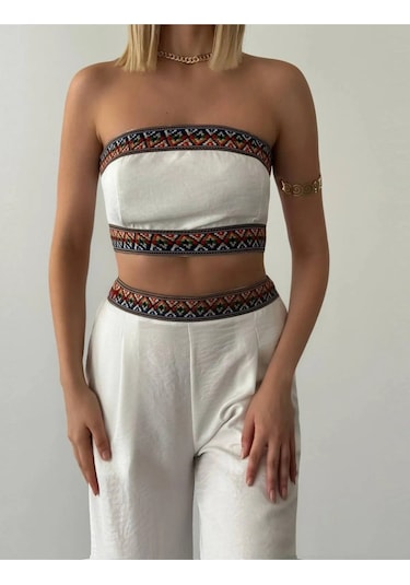 Aztek Motifli Şerit Korse Crop Cepli Lastikli Palazzo Pantolon Modern Etnik Yazlık Boho Keten Takım Beyaz