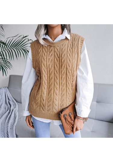 Kadın Sonbahar Kış Bisiklet Yaka Kesim Düz Renk Kolsuz Yaprak Örgü Tank Kazak Sl Haki