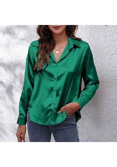 Kadınlar Katı Saten Gömlek Uzun Kollu Düğmeler Casual Gömlek, Renk Siyah