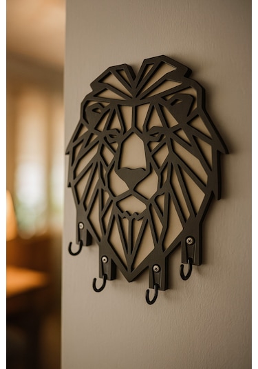 Aslan Figürlü Duvar Tipi Dekoratif Anahtarlık Askılığı Siyah - Beyaz