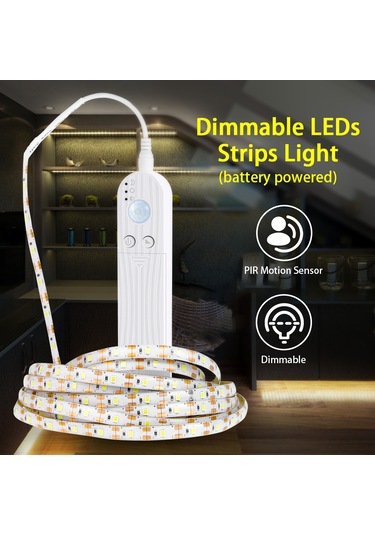 Youtek 3m Pır Hareket Sensörlü Led Işık Şeridi, 6500k Soğuk Beyaz, Ip65 Su Geçirmez, 4xaaa Pil Dahil Değil