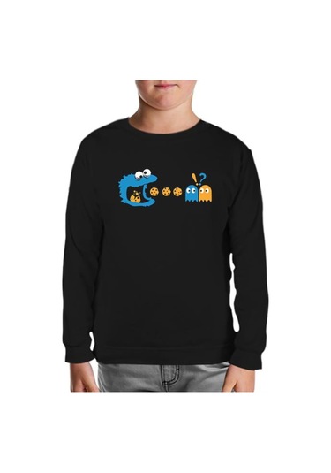 Pac-Man - Kurabiye Canavarı Siyah Çocuk Sweatshirt Siyah