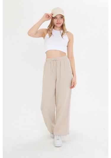 Thiff Gymwear Bej Bol Paça Müslin Kadın Pantolon Bej