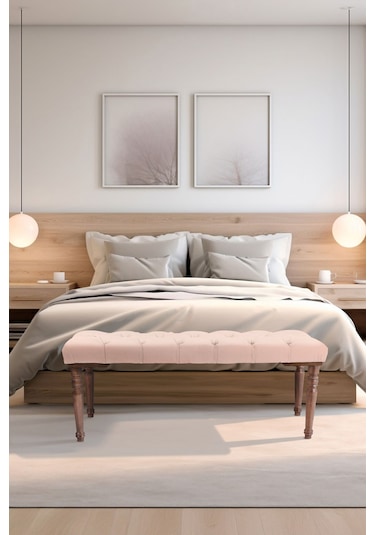 Gazzini Classic Torna Gürgen Ahşap Ayak Chester Model Kapitoneli Pembe Puf Bench - Ceviz Ayak