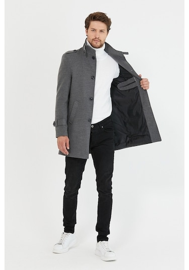 Erkek Gri Dar Kesim Dik Yaka Uzun Kaşe Kaban-Gri