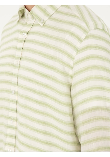 Cacharel Yeşil Keten Karışımlı Slim Fit Uzun Kollu Gömlek