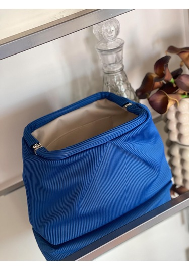 Parlak Mavi, Piliseli Çizgi Detaylı El Çantası Mavi