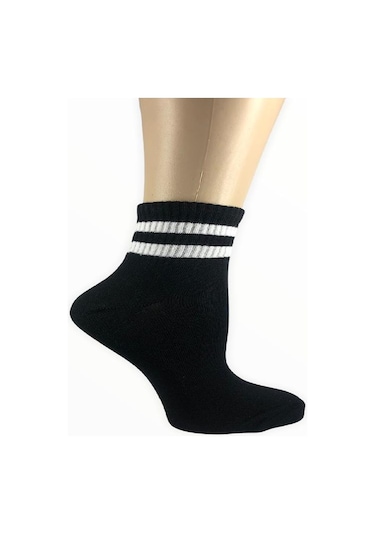 Design Socks KADIN PAMUKLU ÇİZGİ DESENLİ YARIM KONÇ ÇORAP-Siyah