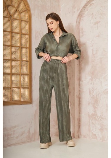 Kadın Pliseli Beli Lastikli Pantolon Tunik Gömlek Ikili Bürümcük Salaş Takım 3573300 Haki