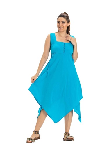 Kolsuz Şile Bezi Üçgen Katlı Midi Boy Yazlık Elbise Turkuaz Trkz Turkuaz