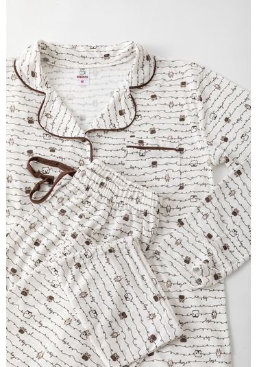 Uzun Kol Gömlek Yaka Kadın Pinterest Pijama Takımı - Mevsimlik Kadın Pijama- Geniş Beden Aralığı Kahve