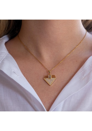 Çelik Kolye, Altın Kaplama Üçgen Kadın Kolye K-126 Altın