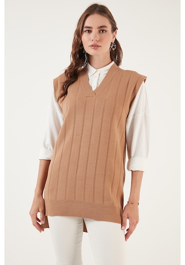 Lela V Yaka Uzun Triko Bayan Süveter 4616088 Camel