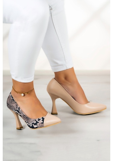 Jatqılı Plus Ten Yılan Kadeh Topuklu Ayakkabı Bej Yılan