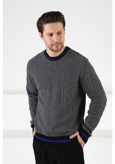 Ferraro Füme/Siyah Bisiklet Yaka %100 Kuzu Yünü Erkek Kazak Füme Siyah Füme - Siyah