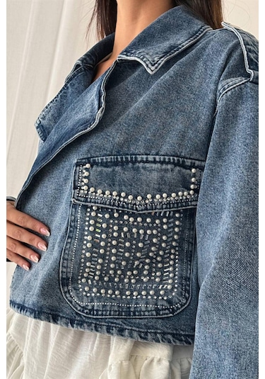 Lacarino 7660 Taşlı Kadın Jean Ceket Dark Blue Taşlı