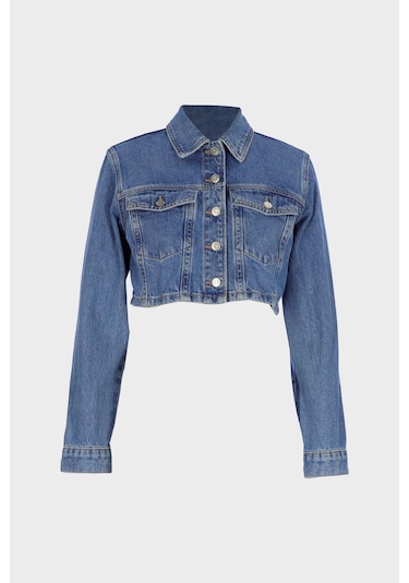 Kadın Orta Mavi Crop Jean Ceket C 4538-242