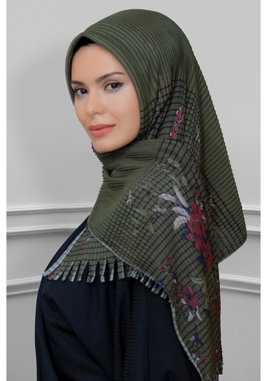 Haki Pratik Hazır Geçmeli Tesettür Eşarp Kesik Elyaf Piliseli Çiç (545491593) Haki