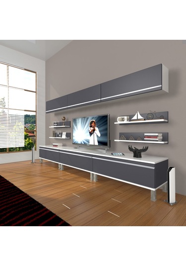 Decoraktiv Eko 8y Mdf Krom Ayaklı Tv Ünitesi Tv Sehpası Beyaz - Antrasit