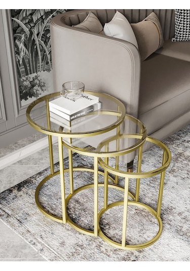 Dekoport Milas Mat Gold Zigon Sehpa - Temperli Şeffaf Cam Gold