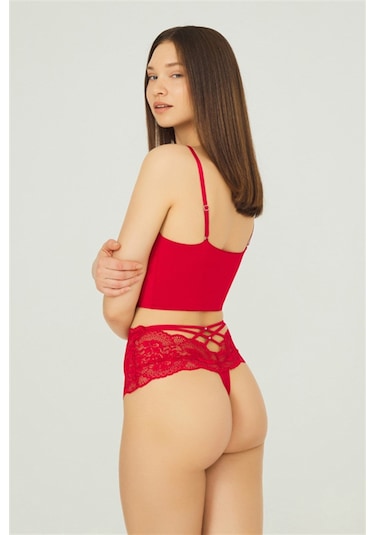 Kırmızı Dantelli Lastik Detaylı Yüksek Bel Kadın Tanga Külot Kırmızı