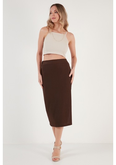 Lela Yüksek Bel Yırtmaçlı Dar Kesim Midi Bayan Etek 5865600 Kahve