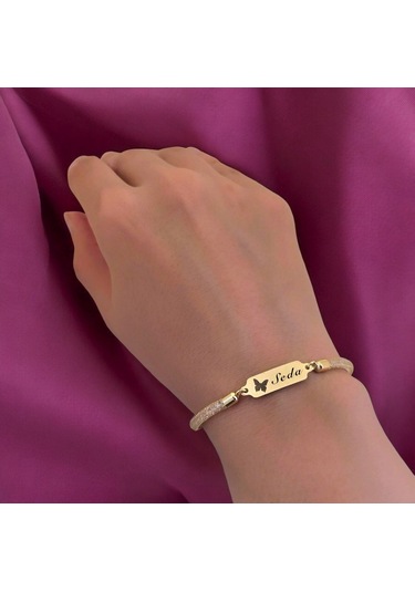 Archin Seda İsmine Özel Hasır Kordonlu Kelebek Motifli 14 Ayar Altın Plakalı Hediye Bileklik-647isim Seda