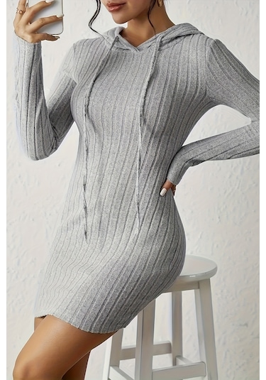 Merry See Uzun Kollu Kapşonlu Mini Elbise Gri