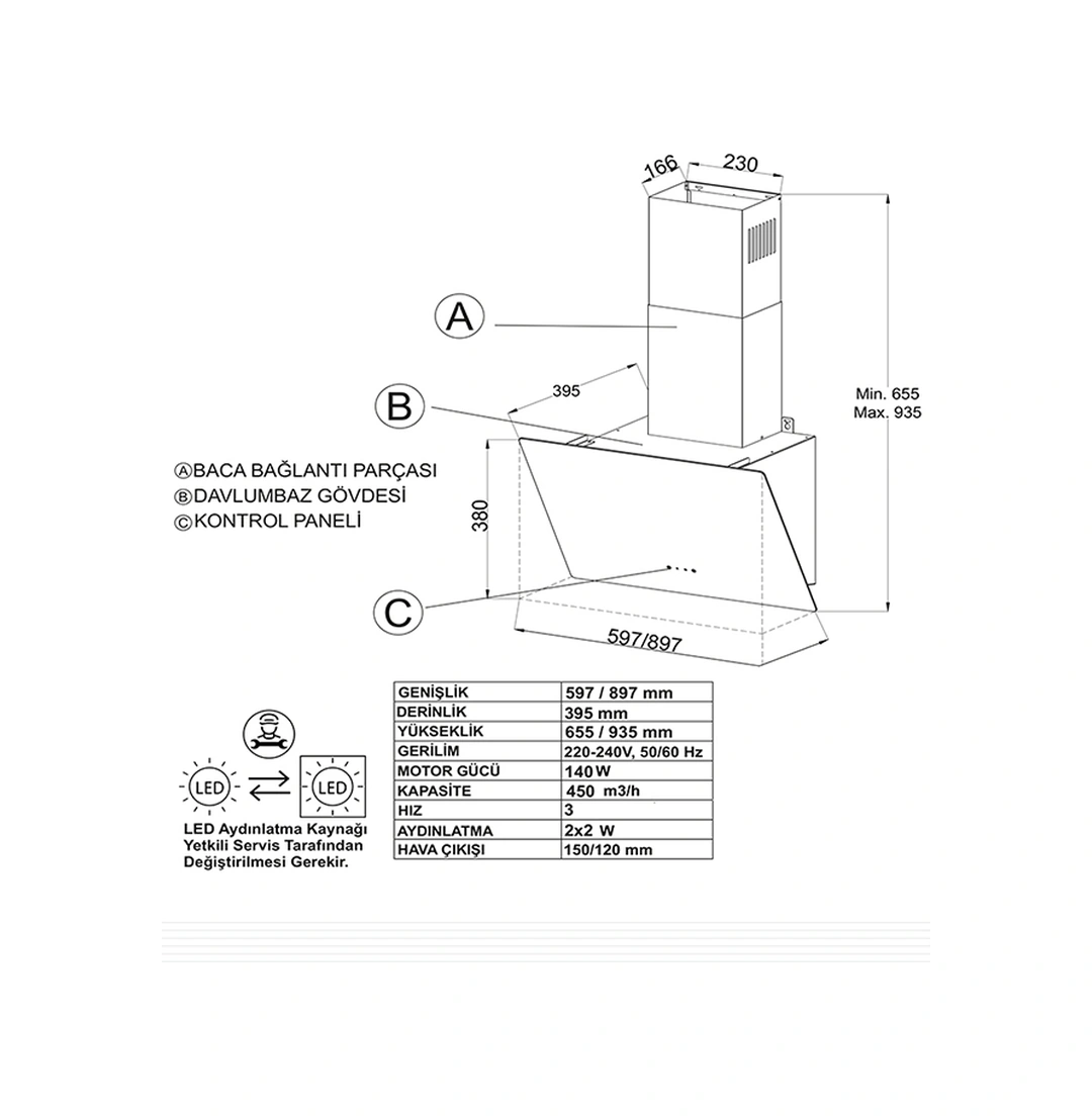 Narte NT-H20190W 90 CM Cam Eğimli Davlumbaz