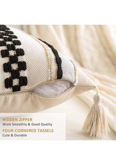 Vkemall 2'li Bohem Desenli Yorgan Kılıfı 18x18 İnç, Siyah, Çift Taraflı, Gizli Fermuar, El Yapımı Tassel, Koltuk Yastık Kılıfı Siyah