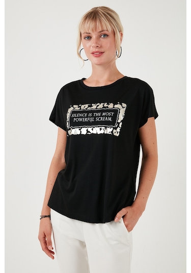 Lela Baskılı Bisiklet Yaka Regular Fit Bayan T Shirt 6671007 Siyah Lela Baskılı Bisiklet Yaka Regular Fit Bayan T Shirt 6671007 Siyah